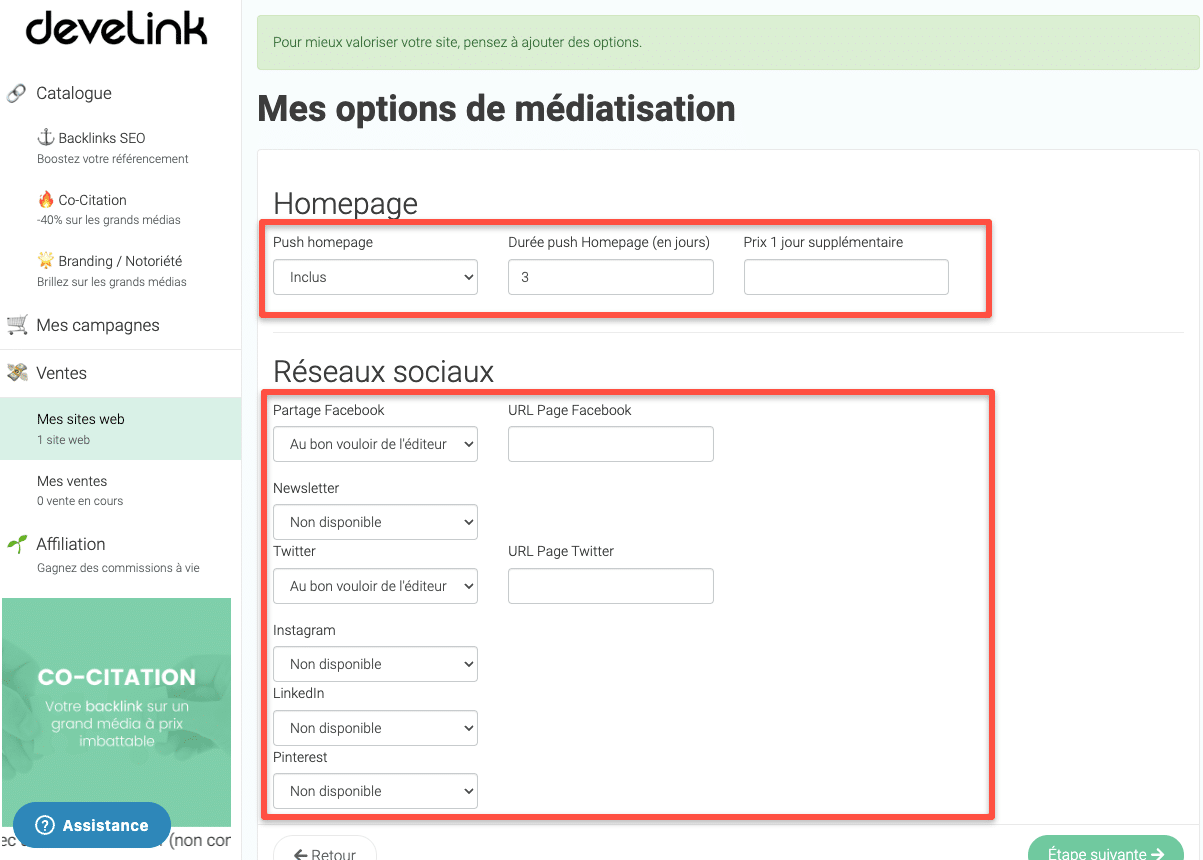 options de médiatisation application develink