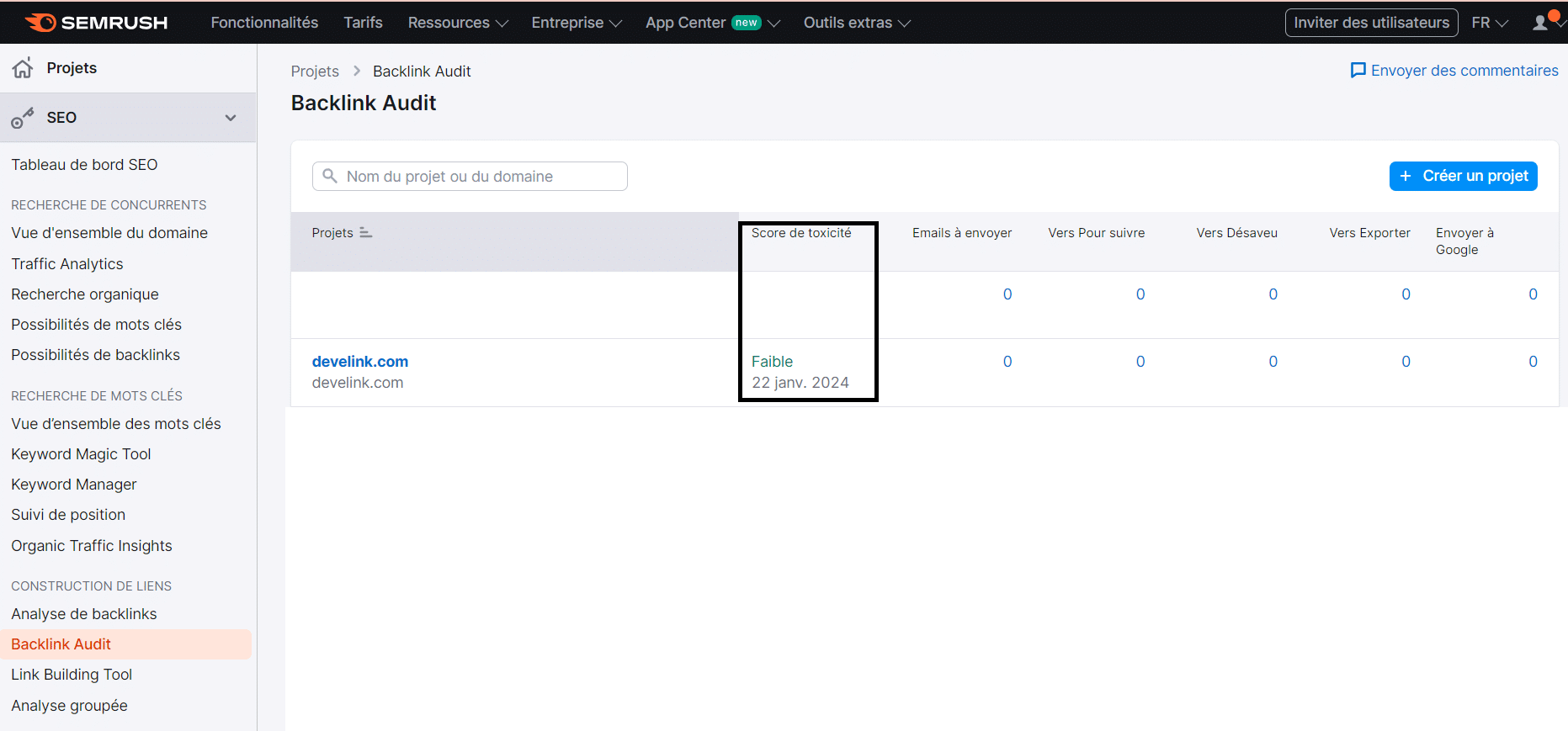 Semrush - score de toxicité - liens toxiques - audit de liens